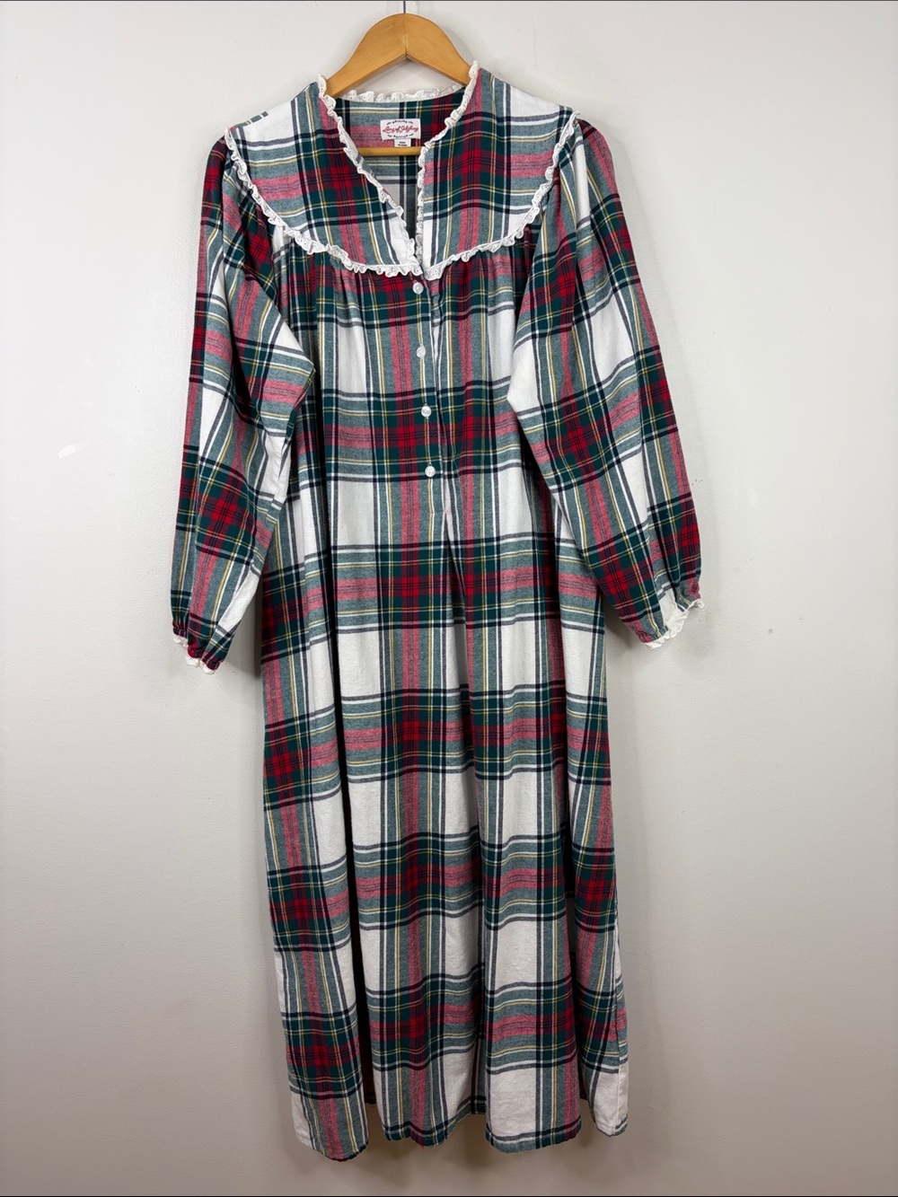 Lanz of Salzburg Nightgown Women Large White Red Tartan Plaid Cotton Flannel